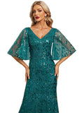 Kaila Sheath/Column V-Neck Floor-Length Lace Sequin Evening Dress STIP0020995