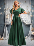 Asia A-line V-Neck Floor-Length Stretch Satin Bridesmaid Dress STIP0025782