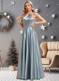 Anne A-line Halter Floor-Length Stretch Satin Bridesmaid Dress STIP0025783