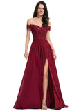 Bella A-line Off the Shoulder Sweep Train Chiffon Lace Evening Dress With Sequins STIP0020830