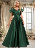 Isabell A-line V-Neck Floor-Length Satin Bridesmaid Dress With Ruffle STIP0025777