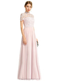 Elsie A-line High Neck Floor-Length Chiffon Lace Evening Dress STIP0020977