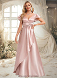 Jaden A-line V-Neck Floor-Length Stretch Satin Bridesmaid Dress With Ruffle STIP0025787