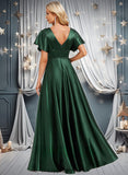 Asia A-line V-Neck Floor-Length Stretch Satin Bridesmaid Dress STIP0025782