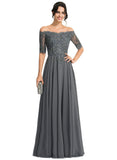 Makaila A-line Off the Shoulder Floor-Length Chiffon Lace Evening Dress With Rhinestone STIP0020908