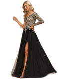 Peyton A-line One Shoulder Floor-Length Lace Tulle Evening Dress With Sequins STIP0020839