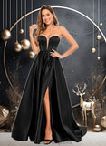 Teagan A-line V-Neck Sweep Train Satin Prom Dresses STIP0025842