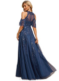 Quinn A-line Cold Shoulder Scoop Illusion Floor-Length Lace Tulle Evening Dress With Sequins STIP0020950