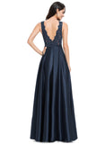 Cora A-line V-Neck Floor-Length Lace Satin Evening Dress With Sequins STIP0020947