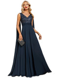 Kristina A-line V-Neck Floor-Length Chiffon Lace Evening Dress With Sequins STIP0020990