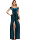 Paola A-line Off the Shoulder Floor-Length Velvet Evening Dress With Pleated STIP0020913