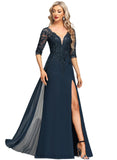 Emilie Sheath/Column V-Neck Floor-Length Chiffon Lace Evening Dress With Sequins STIP0020915