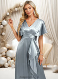 Kiera A-line V-Neck Floor-Length Stretch Satin Bridesmaid Dress With Ruffle STIP0025767