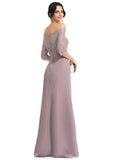 Ashleigh Sheath/Column Off the Shoulder Floor-Length Chiffon Lace Evening Dress With Pleated STIP0020860