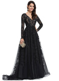 Cali Ball-Gown/Princess V-Neck Sweep Train Lace Tulle Evening Dress With Sequins STIP0020881