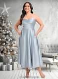 Nan A-line V-Neck Tea-Length Satin Bridesmaid Dress STIP0025794