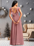 Annika A-line V-Neck Floor-Length Chiffon Bridesmaid Dress With Ruffle STIP0025751