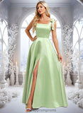 Lucille A-line Square Floor-Length Satin Bridesmaid Dress With Bow STIP0025778