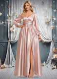 Madyson A-line V-Neck Floor-Length Stretch Satin Prom Dresses STIP0025880