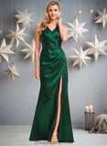 Pancy A-line V-Neck Floor-Length Stretch Satin Bridesmaid Dress STIP0025746