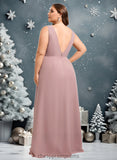 Haylie A-line V-Neck Floor-Length Chiffon Bridesmaid Dress STIP0025820