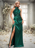 Winnie A-line Halter Floor-Length Stretch Satin Bridesmaid Dress With Ruffle STIP0025817