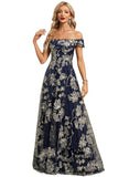 Ana A-line Off the Shoulder Floor-Length Lace Evening Dress With Sequins STIP0020885