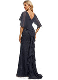 Sloane Sheath/Column V-Neck Sweep Train Chiffon Lace Evening Dress With Cascading Ruffles STIP0020993