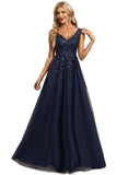 Thalia A-line V-Neck Floor-Length Lace Tulle Evening Dress With Sequins STIP0020910