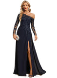 Shiloh Trumpet/Mermaid Asymmetrical Illusion Floor-Length Chiffon Lace Evening Dress With Sequins STIP0020772