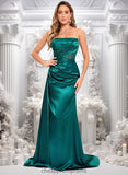 Glenda Trumpet/Mermaid Straight Sweep Train Stretch Satin Prom Dresses With Pleated STIP0025849