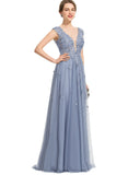 Kierra A-line V-Neck Floor-Length Lace Tulle Evening Dress With Sequins STIP0020996