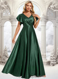 Addison A-line V-Neck Floor-Length Stretch Satin Bridesmaid Dress With Ruffle STIP0025773