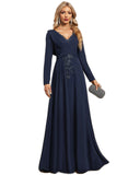 Rosemary A-line V-Neck Floor-Length Stretch Crepe Evening Dress With Pleated Appliques Lace Sequins STIP0020932