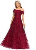 Tricia A-line Off the Shoulder Floor-Length Lace Tulle Evening Dress With Pleated Sequins STIP0020992