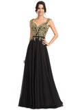 Shiloh A-line V-Neck Floor-Length Chiffon Lace Evening Dress STIP0020959