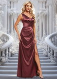 Trudie A-line Asymmetrical Floor-Length Stretch Satin Bridesmaid Dress STIP0025828