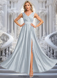 Iyana A-line V-Neck Floor-Length Satin Prom Dresses STIP0025877