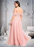 Marlee A-line Sweetheart Off the Shoulder Floor-Length Tulle Floral Lace Prom Dresses With Appliques Lace STIP0025870