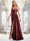 Ann A-line V-Neck Floor-Length Stretch Satin Bridesmaid Dress With Ruffle STIP0025785