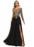 Peyton A-line One Shoulder Floor-Length Lace Tulle Evening Dress With Sequins STIP0020839