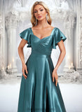 Roselyn A-line V-Neck Floor-Length Stretch Satin Bridesmaid Dress With Ruffle STIP0025780