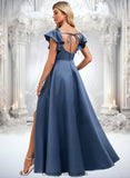 Kayla A-line Square Floor-Length Satin Bridesmaid Dress With Ruffle STIP0025774