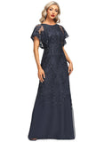 Millicent A-line Scoop Floor-Length Lace Tulle Evening Dress With Sequins STIP0020845