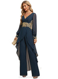 Claire Jumpsuit/Pantsuit V-Neck Floor-Length Chiffon Evening Dress With Appliques Lace STIP0020778