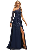 EmeryPiper A-line Asymmetrical Illusion Floor-Length Chiffon Lace Evening Dress With Sequins STIP0020814