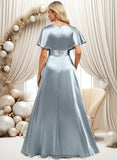 Kiera A-line V-Neck Floor-Length Stretch Satin Bridesmaid Dress With Ruffle STIP0025767