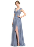 Kierra A-line V-Neck Floor-Length Lace Tulle Evening Dress With Sequins STIP0020996