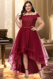 Victoria A-line Off the Shoulder Asymmetrical Lace Tulle Homecoming Dress With Beading Bow Sequins STIP0020535