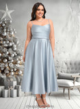 Nan A-line V-Neck Tea-Length Satin Bridesmaid Dress STIP0025794